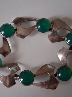 *RARE* VINTAGE N.E.FROM DENMARK SILVER  & CHRYSOPRASE MODERNIST BRACELET
